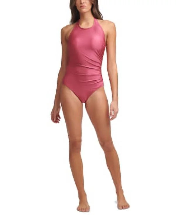 Calvin Klein CARMINE SHIMMER High-Neck Halter One-Piece Swimsuit, US 14