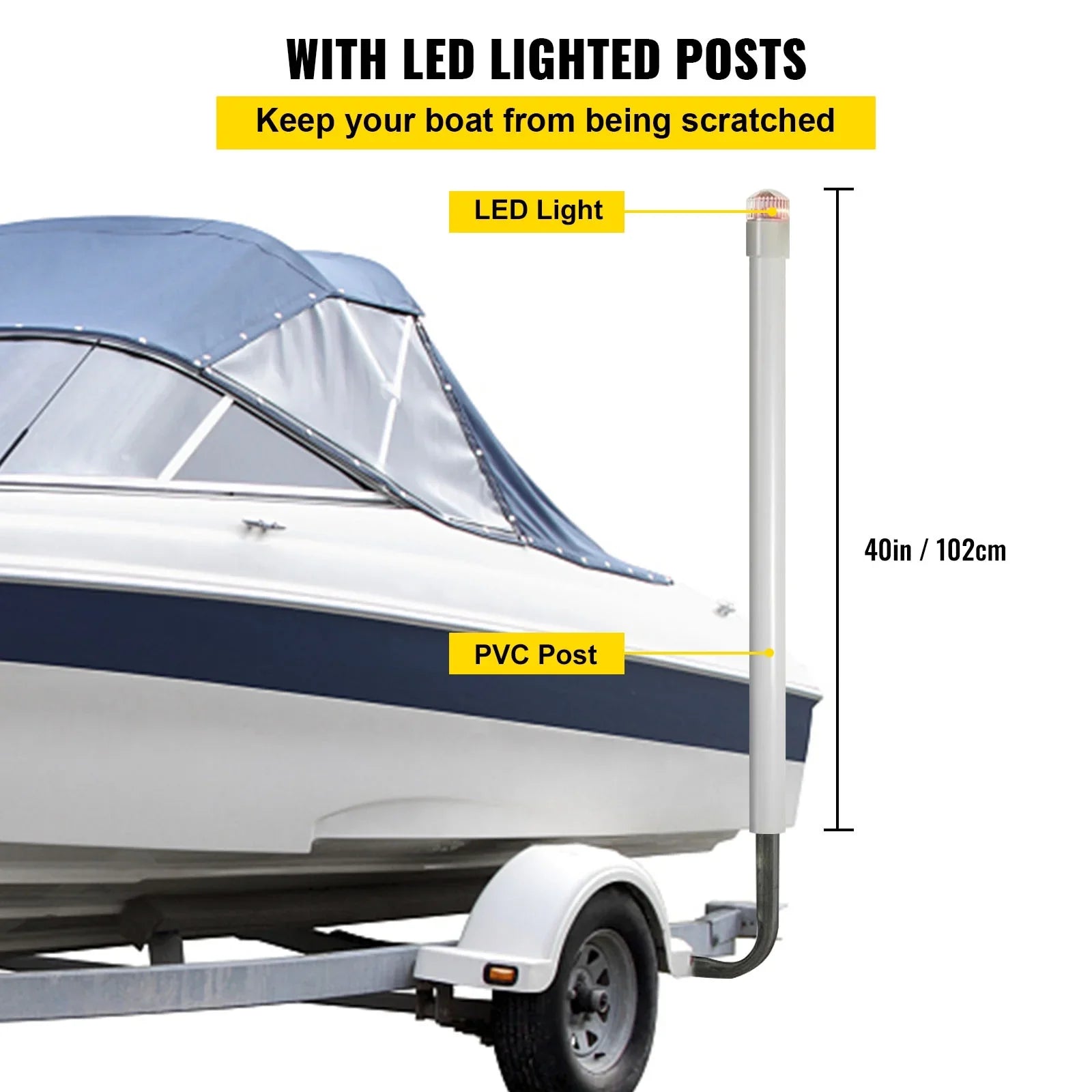 VEVORbrand Watercraft Trailer Guide-on, 40", 2pcs Galvanized Steel Trailer Post Guide on, with LED-Lighted PVC Tube Wrap Mounting Hardware Included, Ski Ship Fishing Vessel or Watercraft Trailer
