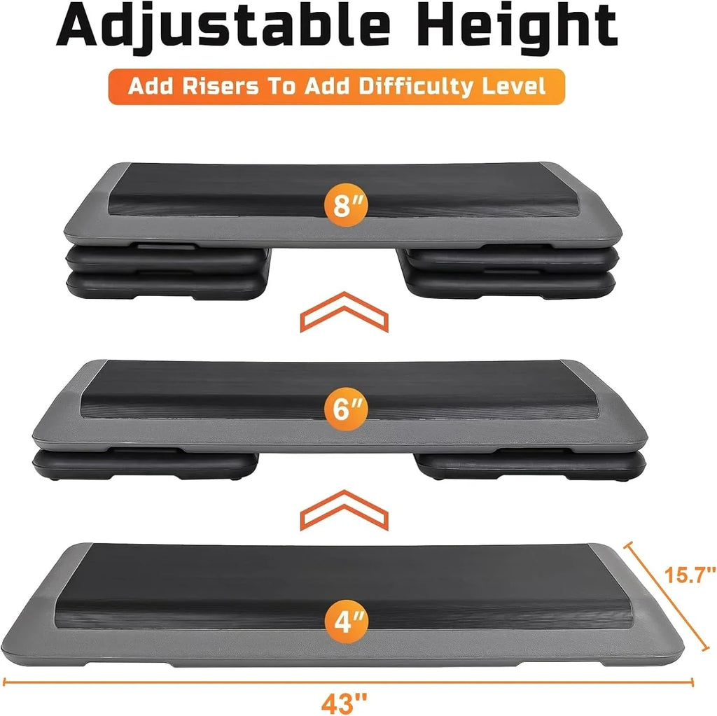 43'' Exercise Aerobic Step Platm, Adjustable Fitness Stepper with 4 Stackable Risers, Aerobics Stepper Workout Stepper Home Gym Cardio Strength & Training