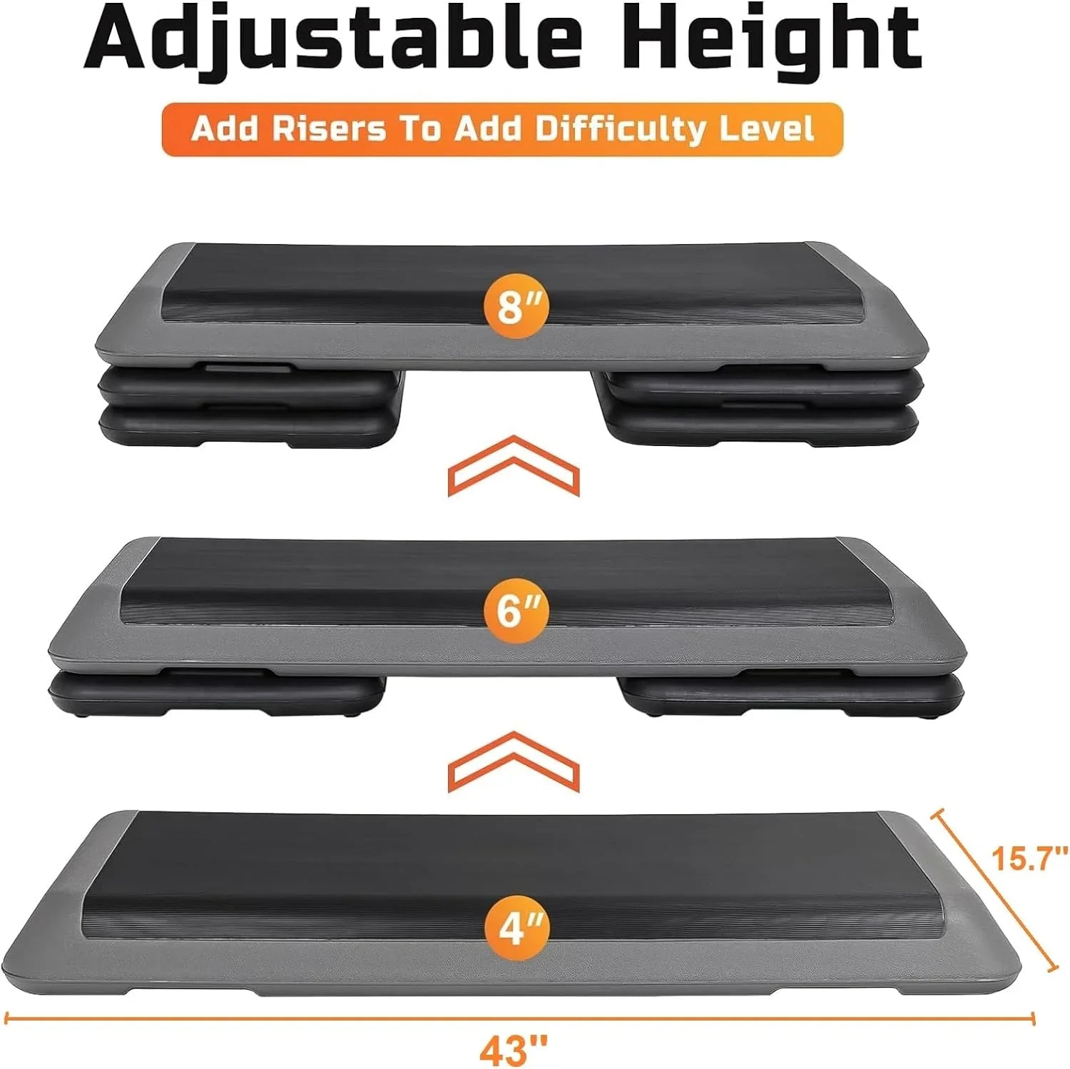 43'' Exercise Aerobic Step Platm, Adjustable Fitness Stepper with 4 Stackable Risers, Aerobics Stepper Workout Stepper Home Gym Cardio Strength & Training