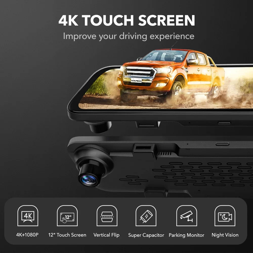WOLFBOX Rear View Mirror Dash Camera, 12" 4K Mirror Dash Cam, Backup Camera with Full Touch Screen, Parking Monitor, Free 32GB Card & GPS