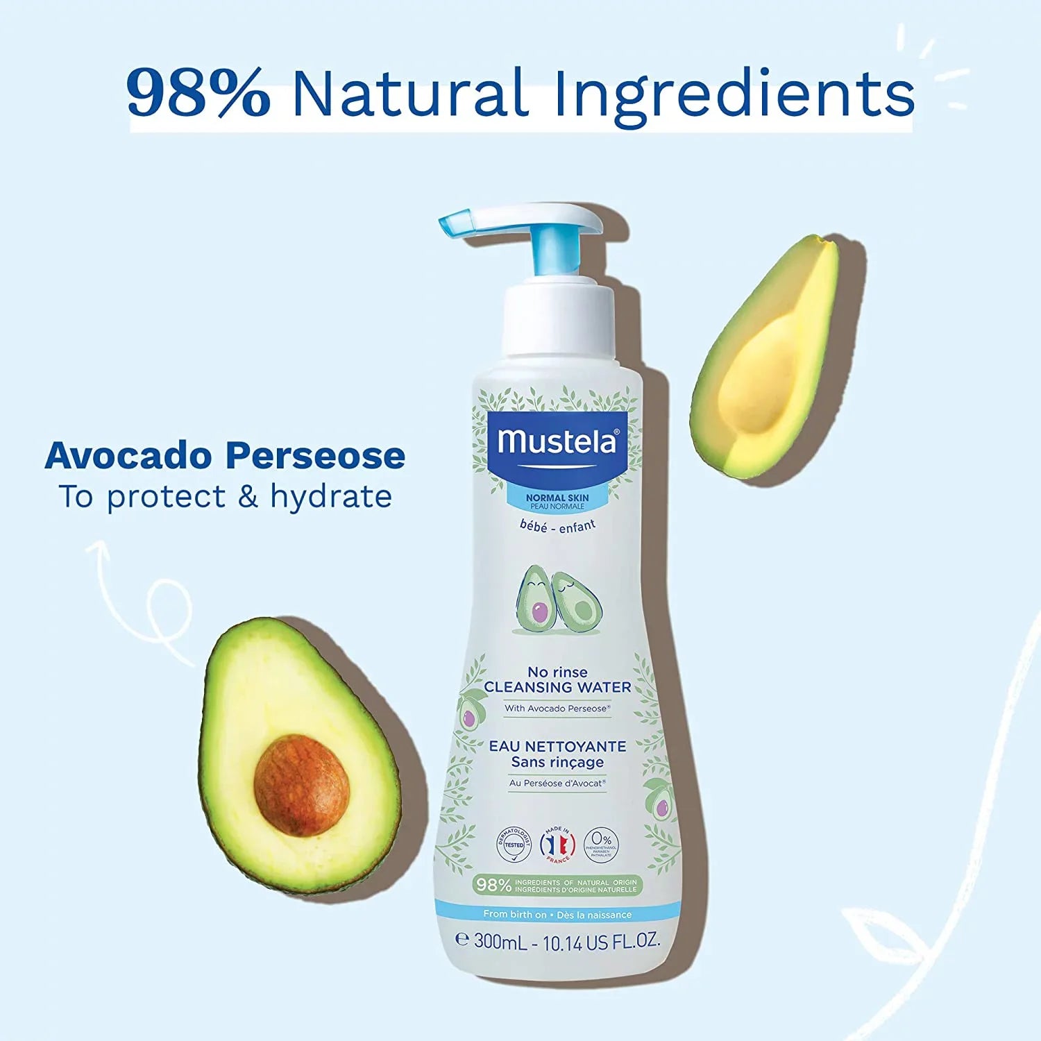 Mustela Baby Cleansing Water - No-Rinse Micellar Water - with Natural Avocado & Aloe Vera - Baby's Face, Body & Diaper - 1 or 2-Pack - Various Sizes