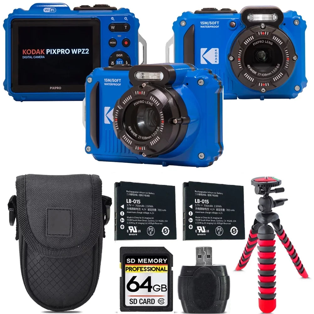 Kodak PIXPRO WPZ2 Digital Camera (Blue) + Extra Battery +Tripod + Case -64GB Kit
