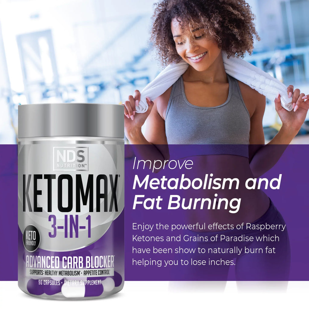 NDS Nutrition Keto-Max Advanced 3-in-1 - Keto Pills Fat Loss Support - Carb Blocker Appetite Suppressant - White Kidney Bean, Chitosan, Raspberry Ketones, and Vanadium (90 Capsules)