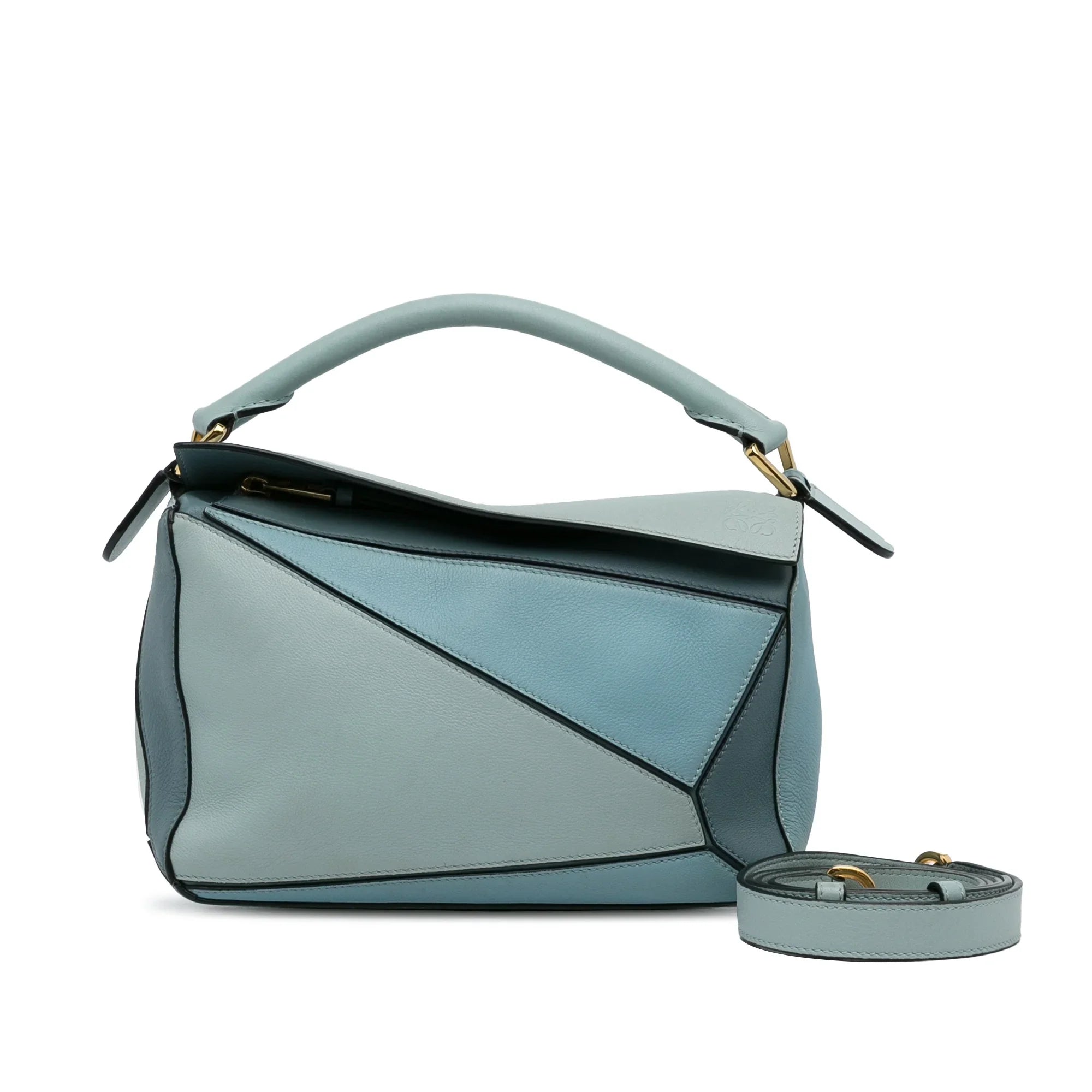 Pre-Owned Authenticated LOEWE Small Tricolor Puzzle Bag Calf Leather Blue Satchel Unisex (Good)