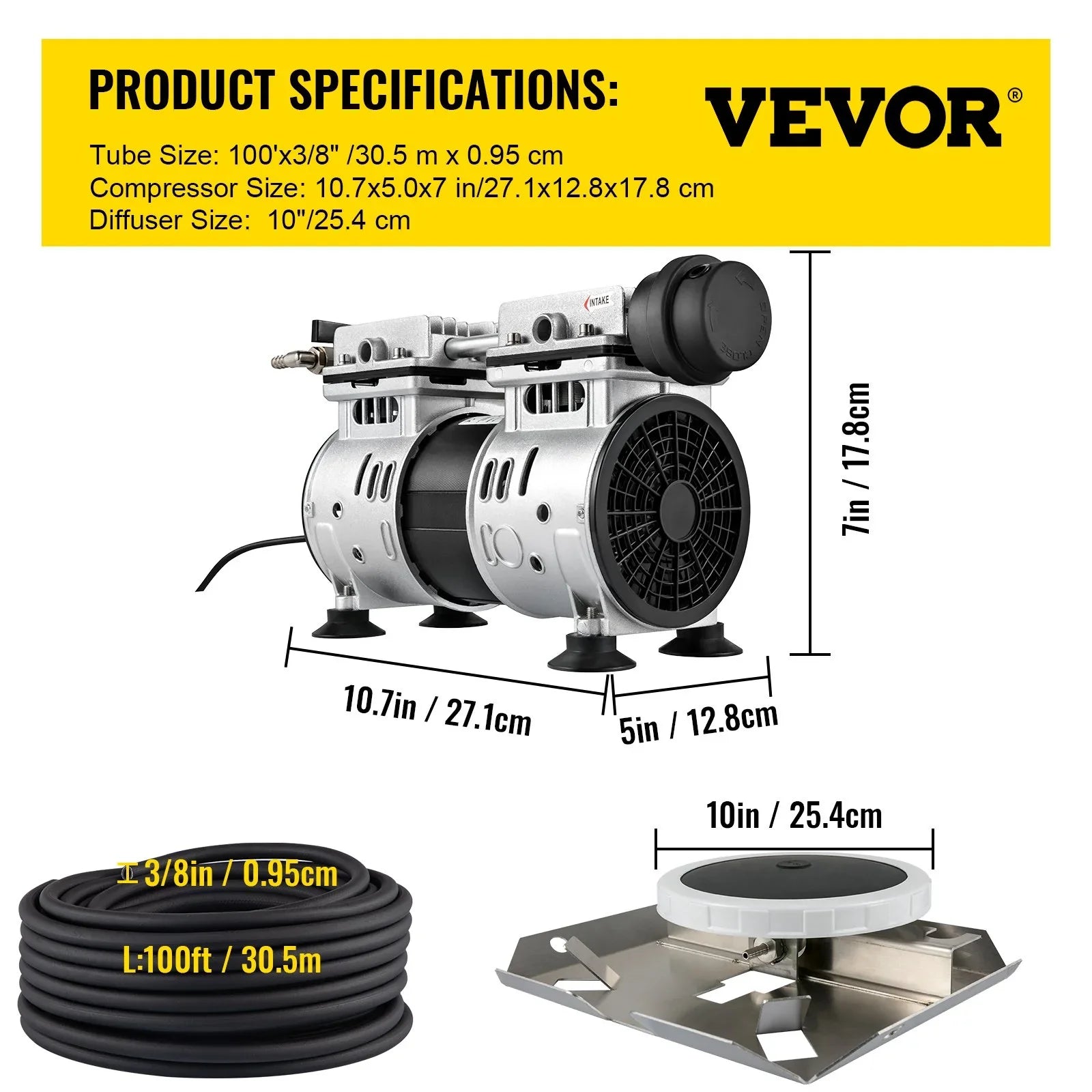 VEVOR 3/4 HP Pond Aerator 3 Acres, 4.7 CFM Lake Aeration System with 100' Weighted Tubing & 10" Membrane Diffuser Deep Water Aeration