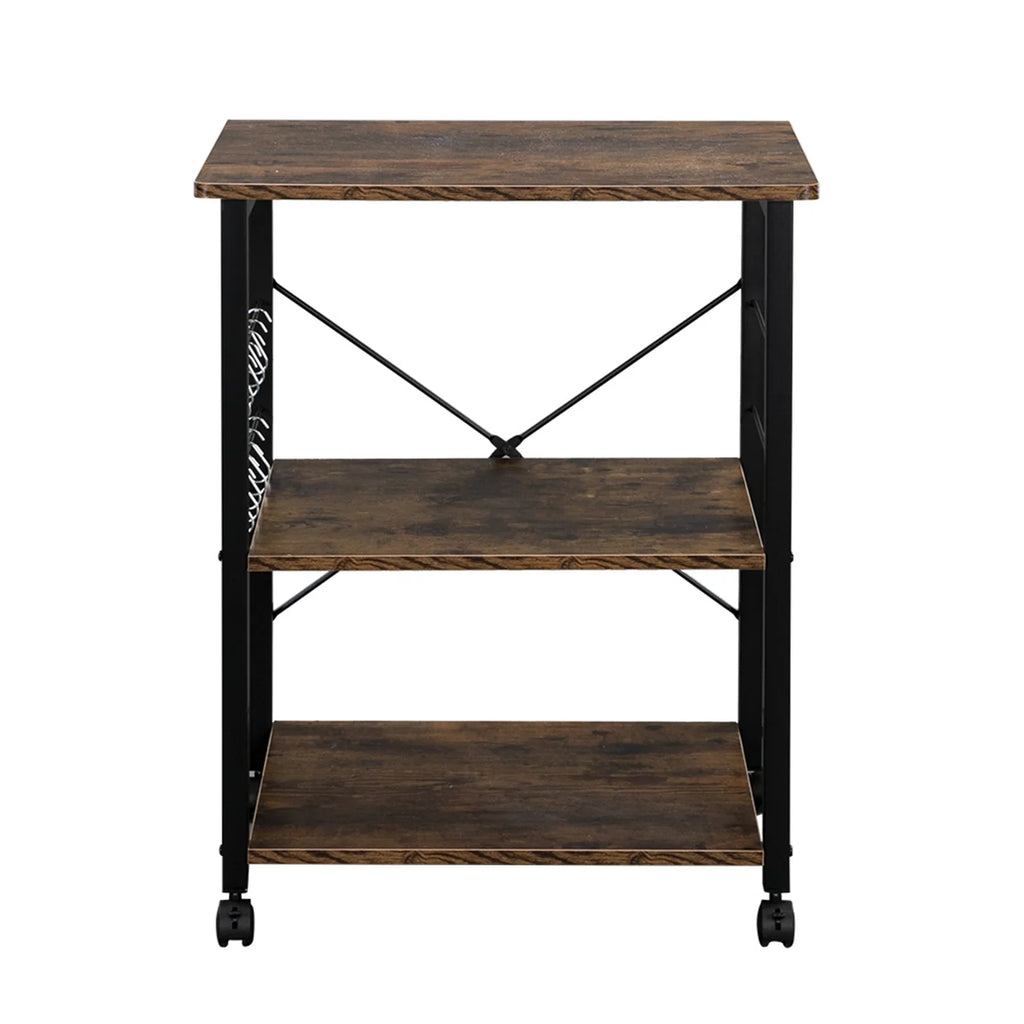 3 Tier Kitchen Microwave Cart, Microwave Stand on Wheels, Coffee Cart with Storage, Rolling Bakers Rack Workstation Shelf with 10 Hooks (24 x 16 x 29 Inches, Rustic Brown)