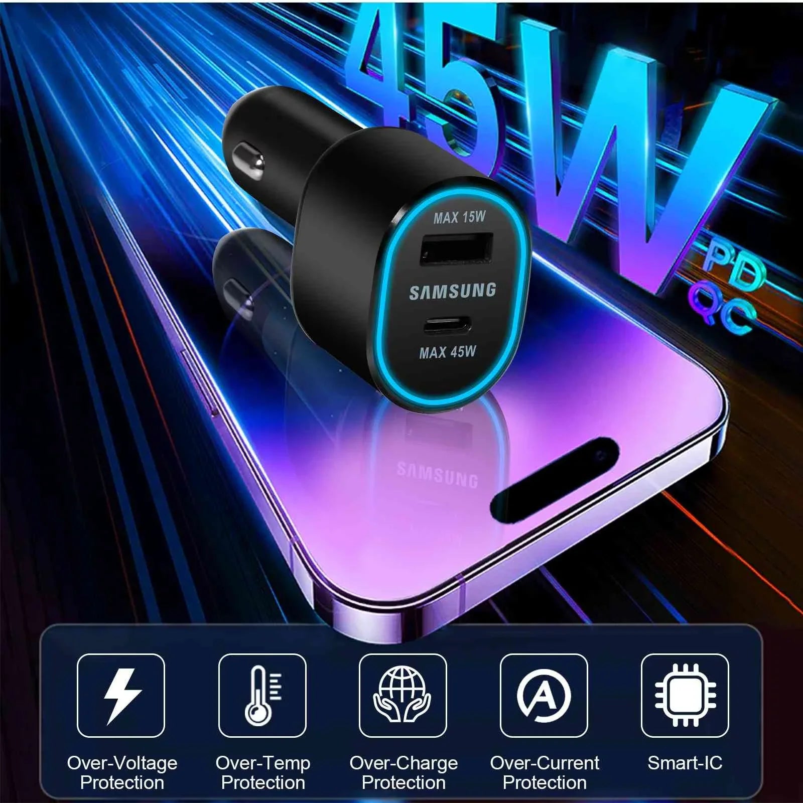 Super Fast Dual Car Charger Usb (45W+15W) Two Ports EP-L5300 Black Lenovo Legion Y700 (2023)