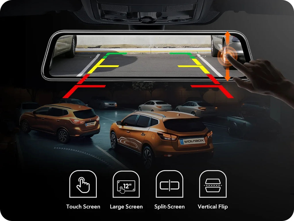 WOLFBOX Rear View Mirror Dash Camera, 12" 4K Mirror Dash Cam, Backup Camera with Full Touch Screen, Parking Monitor, Free 32GB Card & GPS