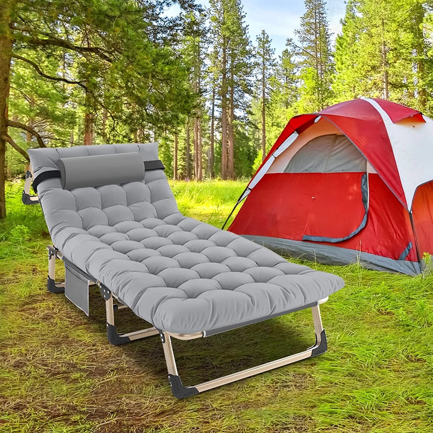 ABORON 4-Fold Portable Folding Chaise Lounge Chair,Camping Cot, with Pillow and Mattress, Adjustable Patio Recliner Garden Beach Outdoor/Indoor