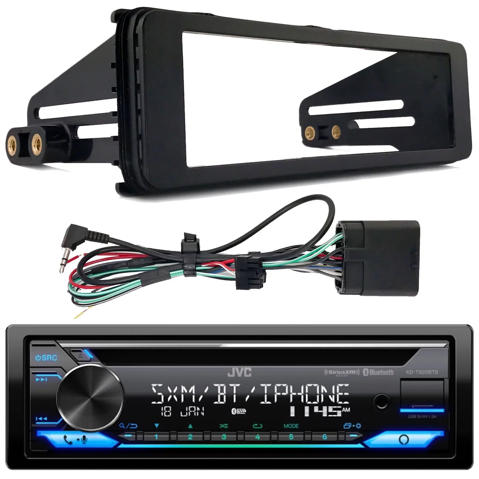 JVC KD-T920BTS Single DIN In-Dash CD Player Bluetooth USB AUX AM/FM Radio Receiver Bundle Combo with Single-DIN Stereo Installation Kit (Fits Select 1998-2013 Harley Davidson Touring Motorcycles)