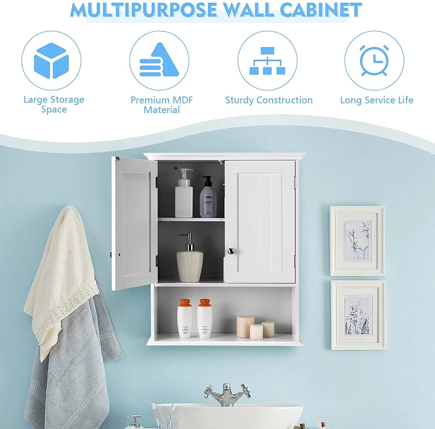 Bathroom Wall Cabinet, Wooden Hanging Storage Cabinet with Doors & Shelves, Multipurpose Storage Cabinet Bathroom Kitchen Living Room, Wall Mounted Bathroom Medicine Cabinet