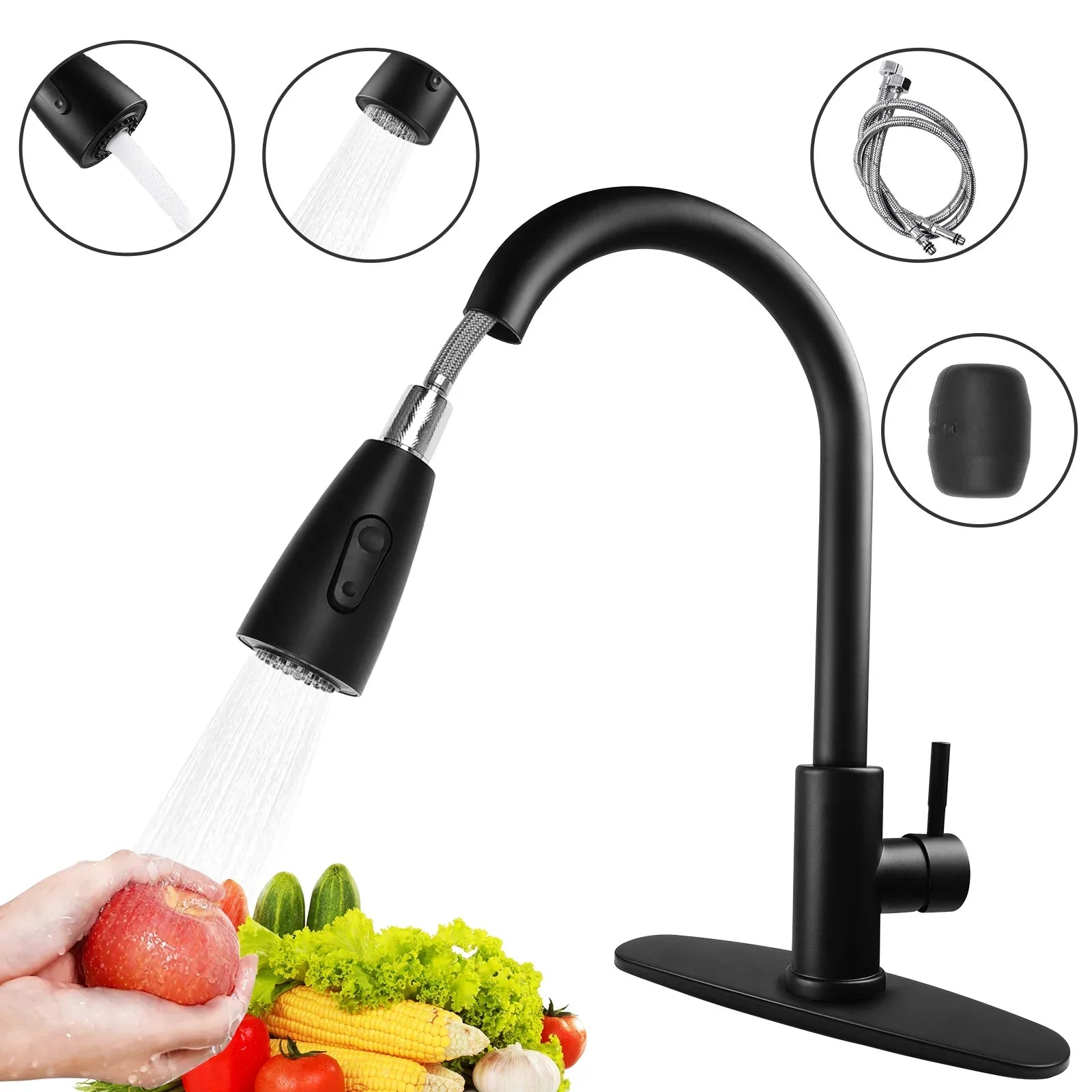 Kitchen Faucet with Pull Down Sprayer, High Arc Single Handle Kitchen Sink Faucet with Deck Plate, Commercial Modern Stainless Steel Kitchen Faucets Kitchen, RV, Bar, Silver