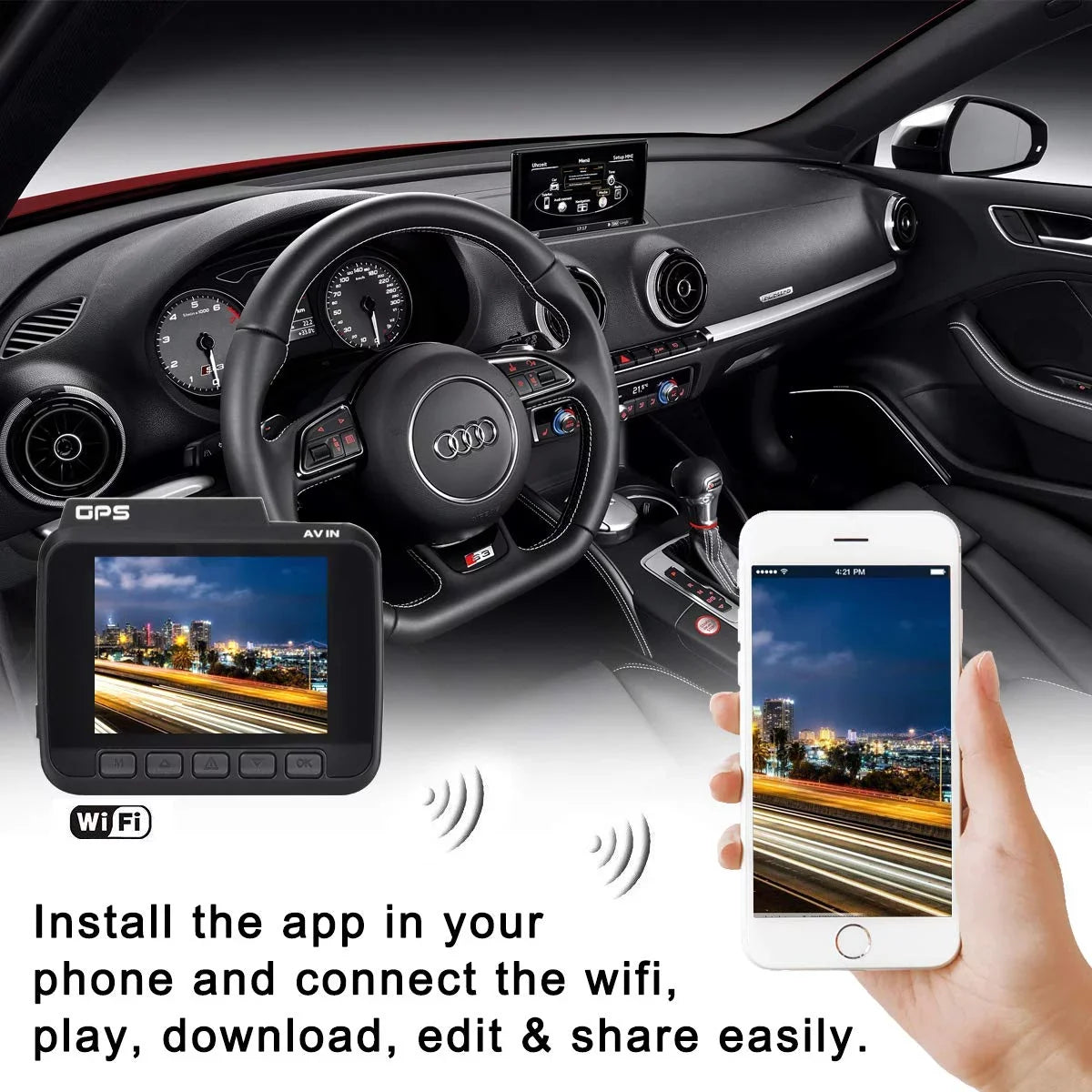 Iseebiz Dash Cam Built-in WiFi GPS, 2160P 24FPS Driving Recorder Car Dashboard Cam, App View, Novatek Chip, WDR, G-Sensor, Motion Detect, 150° Wide Angle, Loop Record, Parking Mode