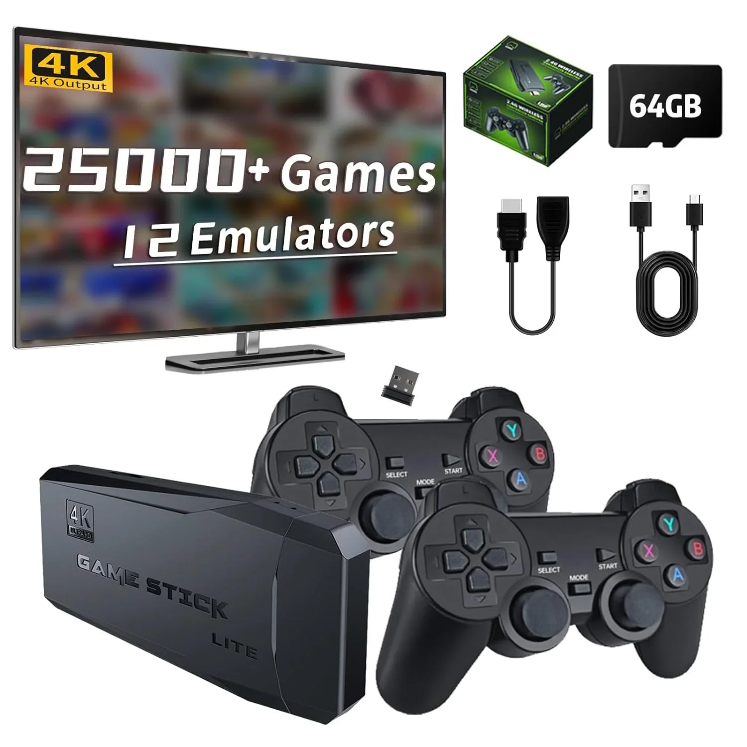 Retro Game Console Stick, 64G Nostalgia Game Stick with 20000+ Video Games, 9 Emulator Console Plug and Play TV, Retro Play with Arcade/Maze, 4K HD Output, 2.4GHz Wireless Controllers