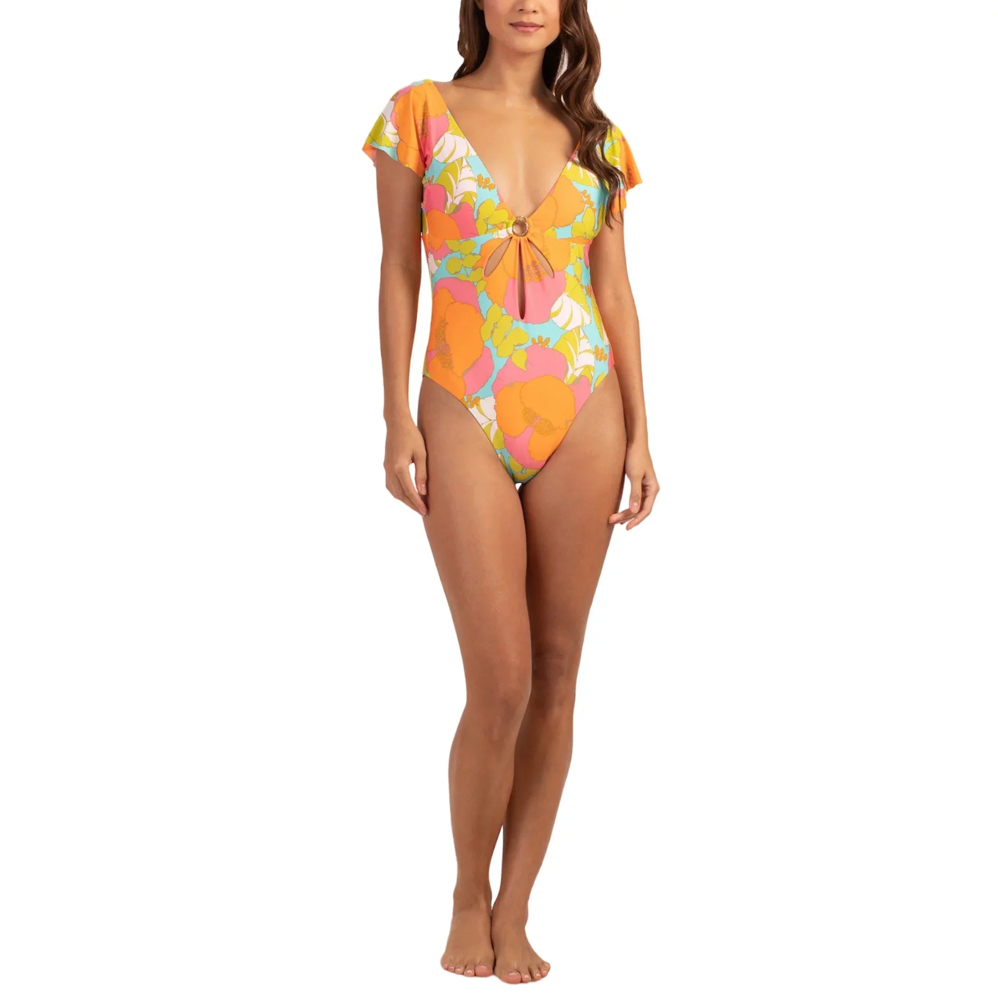 Trina Turk Women's Playa De Flor Keyhole Front Flutter Sleeves One-piece Swimsuit-Orange / 14