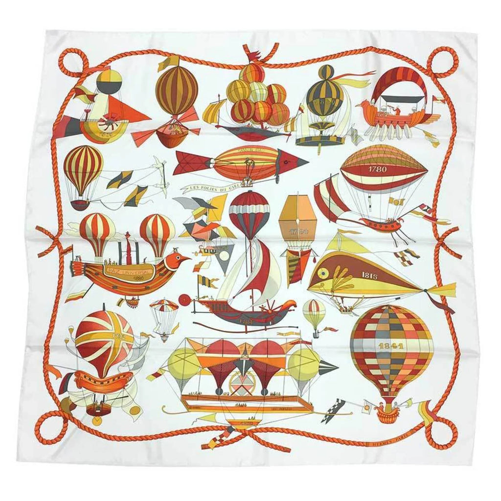 Pre-Owned HERMES Hermes Carre 90 Scarf Muffler LES FOLIES DU CIEL Madness in the Sky Balloon Pattern White/Orange 100% Silk (Like New)