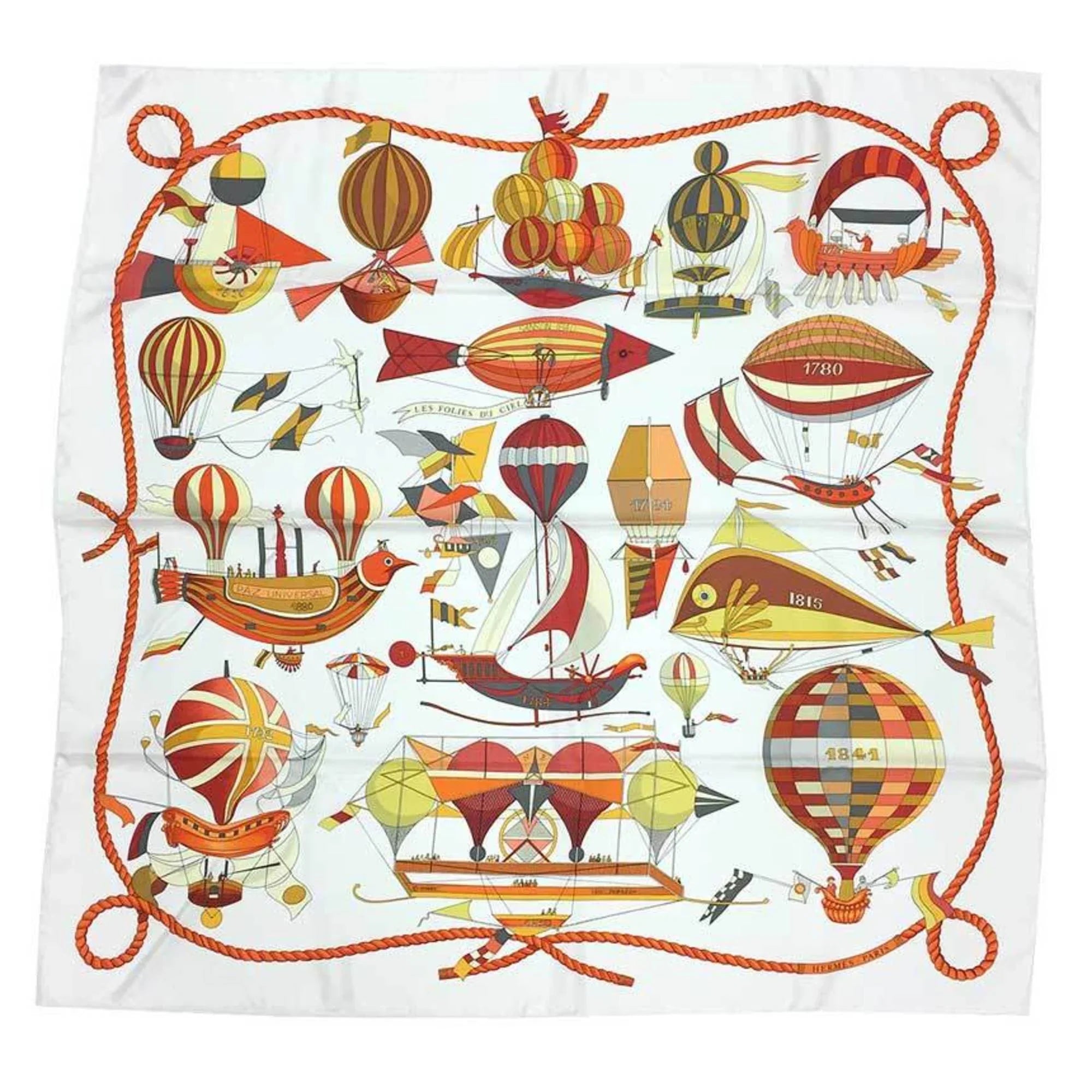 Pre-Owned HERMES Hermes Carre 90 Scarf Muffler LES FOLIES DU CIEL Madness in the Sky Balloon Pattern White/Orange 100% Silk (Like New)