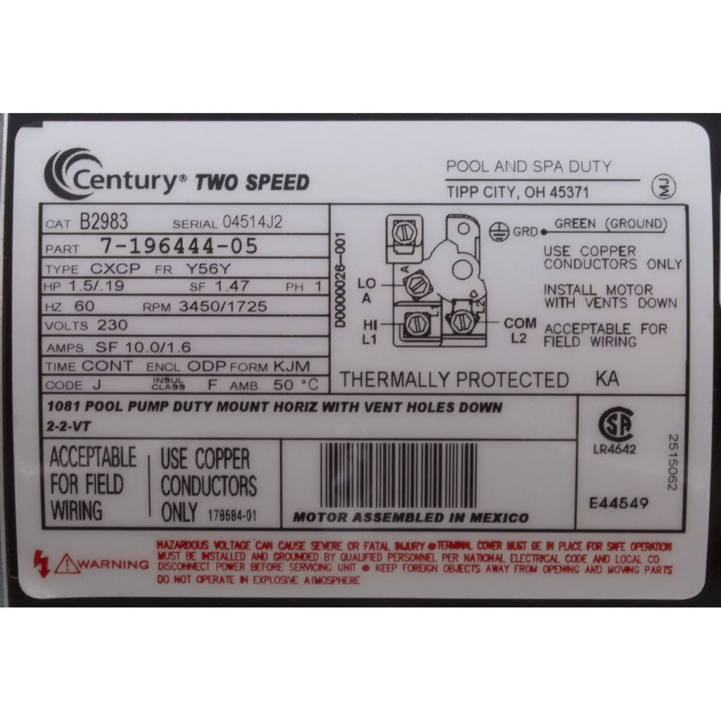 1.5 hp 2-Speed 56Y Frame 230V Square Flange Pool Motor Century # B2983