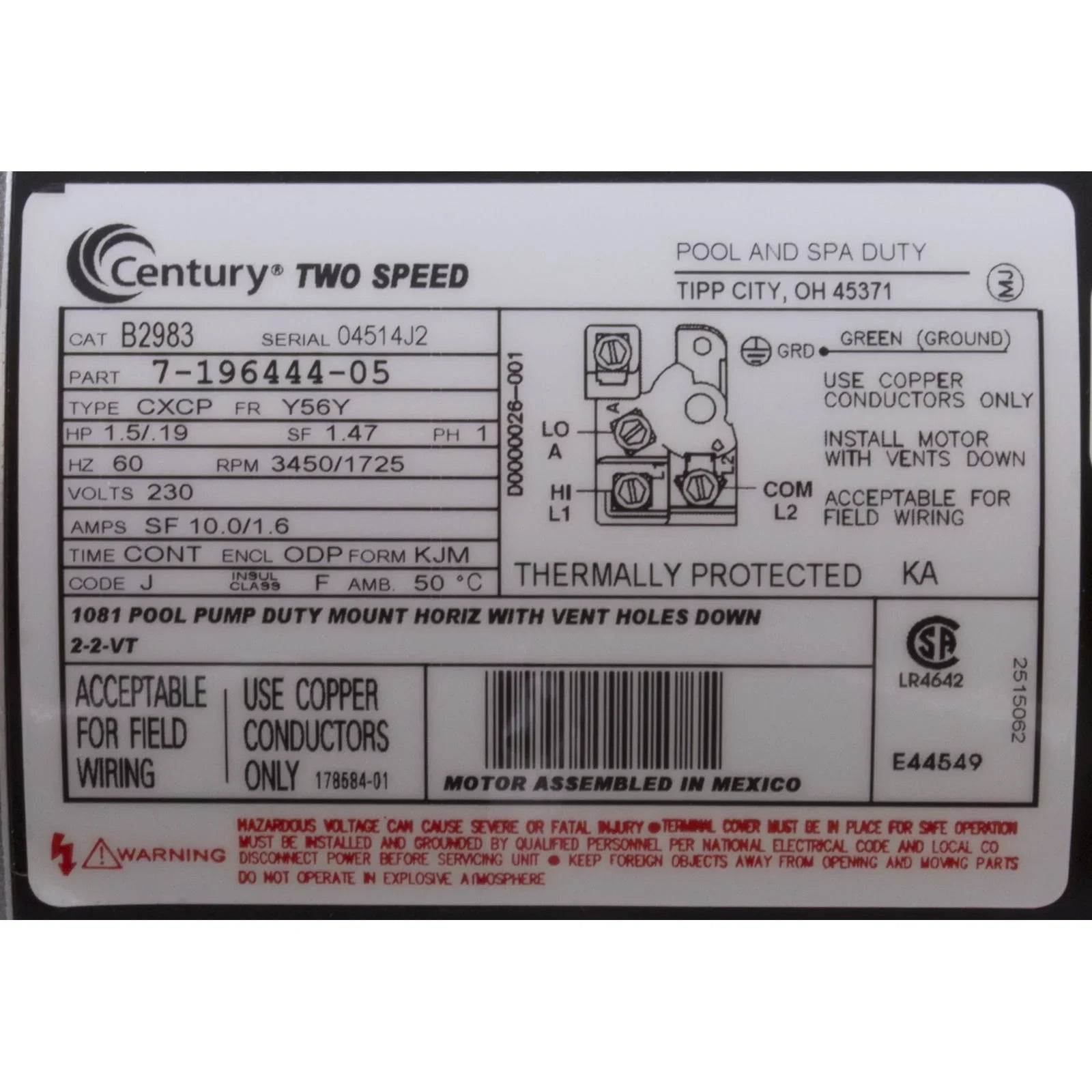 1.5 hp 2-Speed 56Y Frame 230V Square Flange Pool Motor Century # B2983