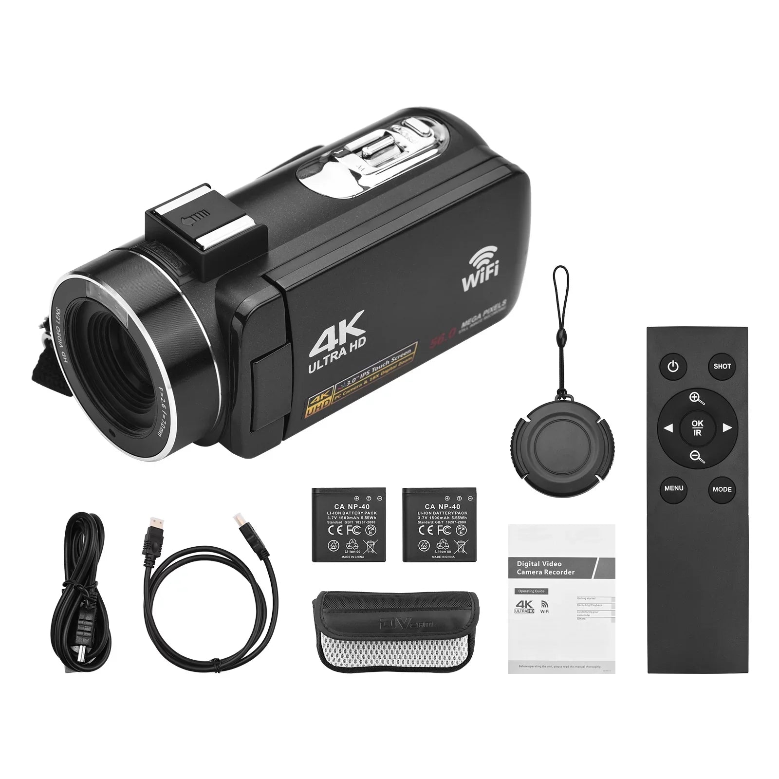Andoer 4K Digital Video WiFi Camcorder DV Recorder 56MP 18X Digital Zoom 3.0 Inch IPS Touchscreen Supports Face Detection IR Night Vision -shake with 2pcs Batteries + Remote Control + Carry Bag