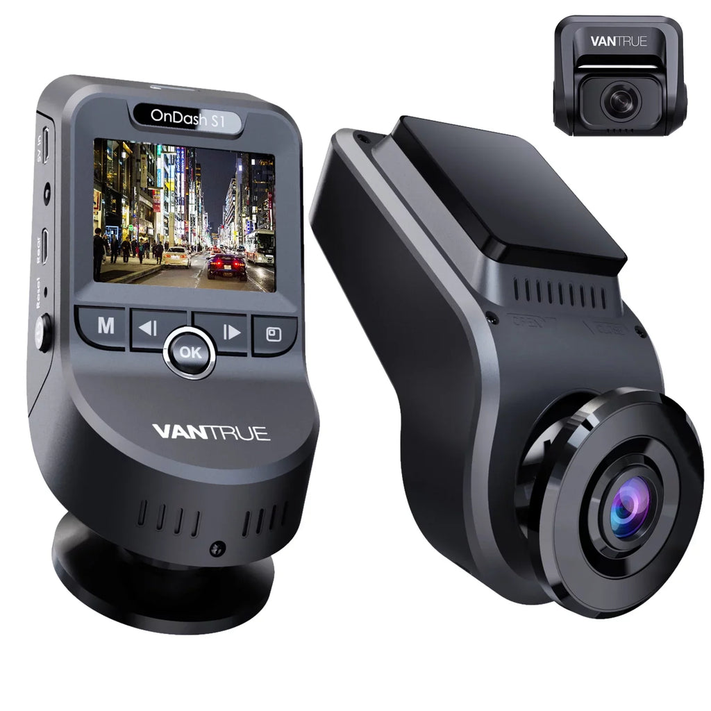 Vantrue Dual Front and Rear 1080P Dash Cam, Single Front 4K Car Camera, Hidden Design, Built in GPS, 24/7 Parking Mode, Low Bitrate Recording, HDR, Night Vision, Supercapacitor, G-Sensor (S1W)