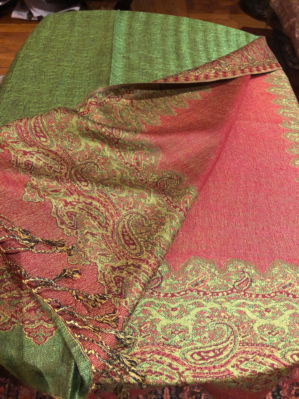 Green Red Reversible Vintage Paisley Brocade Pashmina Scarf Wrap