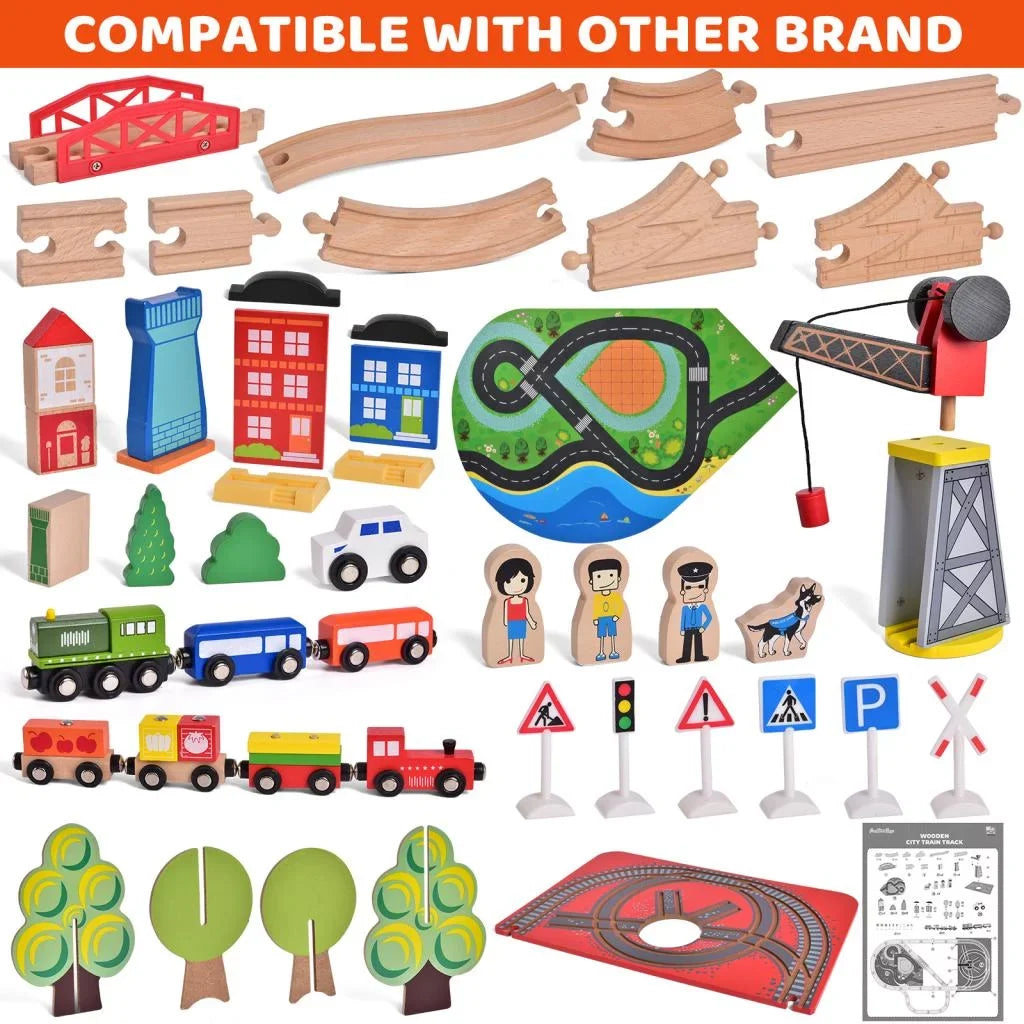 Fun Little Toys 88PCs Wooden Play Set, Enchanting Wooden Train Set Toddlers Age 3+