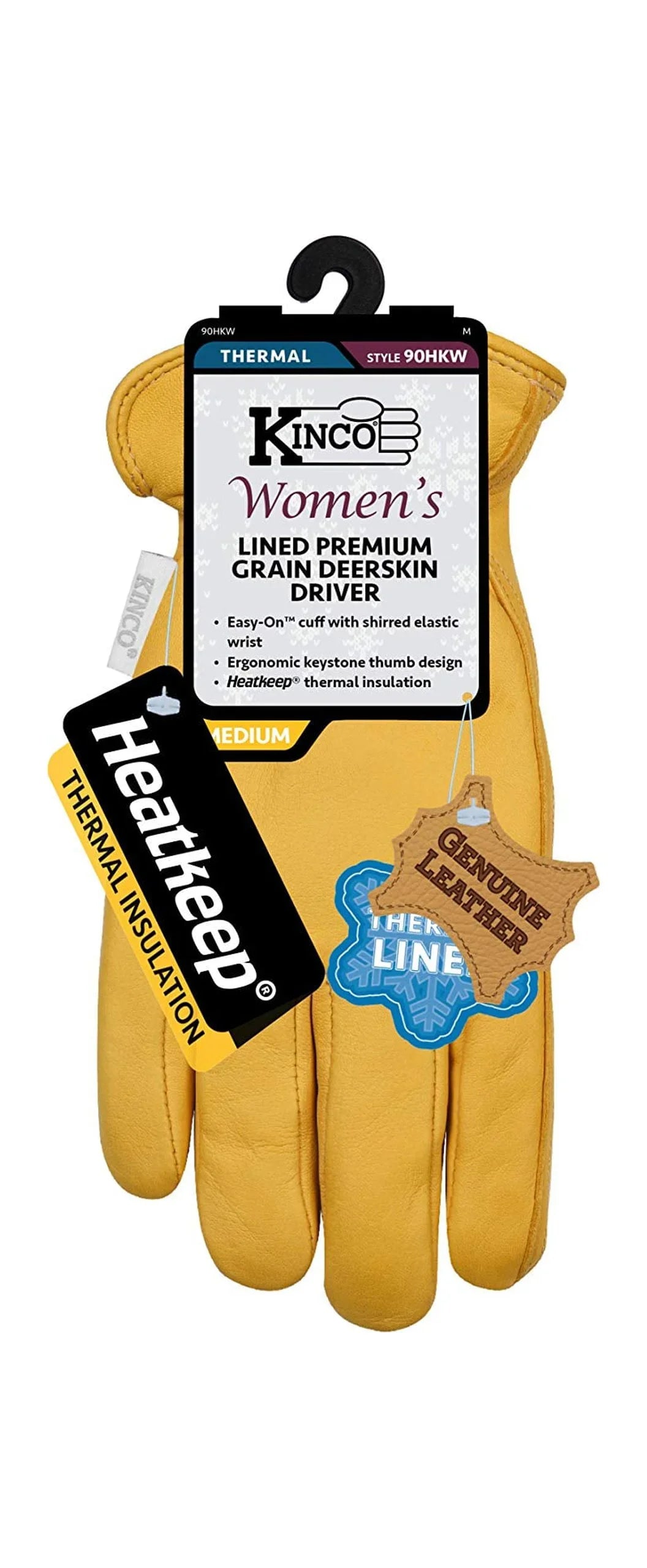 Kinco 90HKW-S Women's Lined Grain Deerskin Gloves, Heat Keep Lining, Double Shirred Elastic Back, Small, Golden