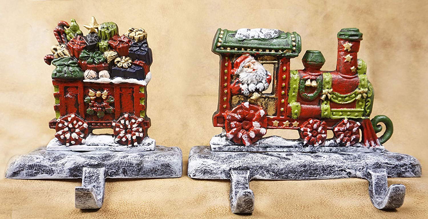 LuLu Decor, 100% Cast Iron Christmas Stocking Holders, 2D Train Engine with 5 Rail carts, 7 Stocking Hooks, Beautiful & Strong Sturdy Heavy Hooks, Each Weighs Approx 3 lb (Combo Train 2D)