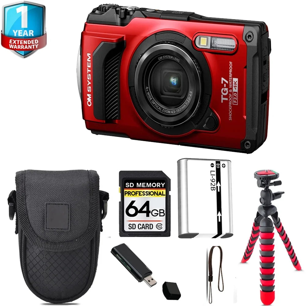 Olympus OM SYSTEM Tough TG-7 Digital Camera (Red) + Tripod + 1 Yr Warranty - 64GB Kit