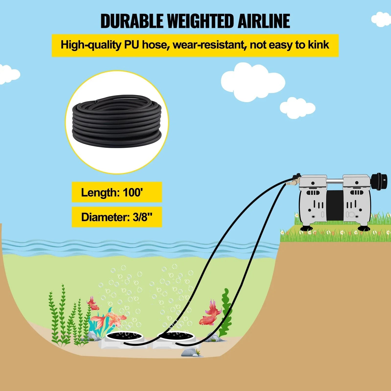 VEVOR 3/4 HP Pond Aerator 3 Acres, 4.7 CFM Lake Aeration System with 100' Weighted Tubing & 10" Membrane Diffuser Deep Water Aeration