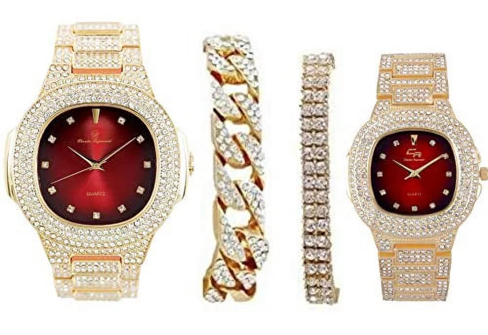 Bling'ed Out King and Queen Hip Hop Watch Set Perfect Power Couples to Flaunt On and Off The Dance Floor - ST10325/ST10364 His&Hers (Gld Blood Red)