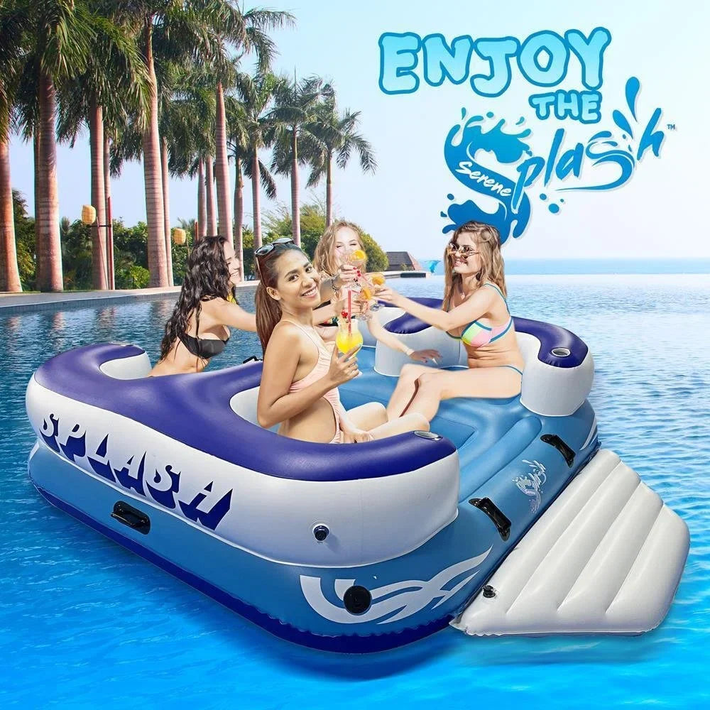 SereneLifeHome Inflatable 4- Person Floating Island Raft, Party Island Raft w/ 4 Drink Holders, Use Lounging on Lake, Beach River or Pool