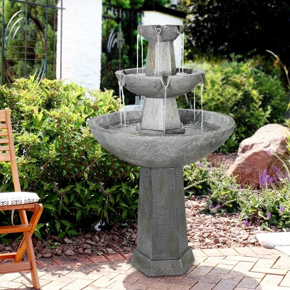 3 Tier Freestanding Waterfall Fountain, 43.3in H Outdoor Fountain with Bird Bath Decor Garden Patio Backyard Deck Home Lawn Porch