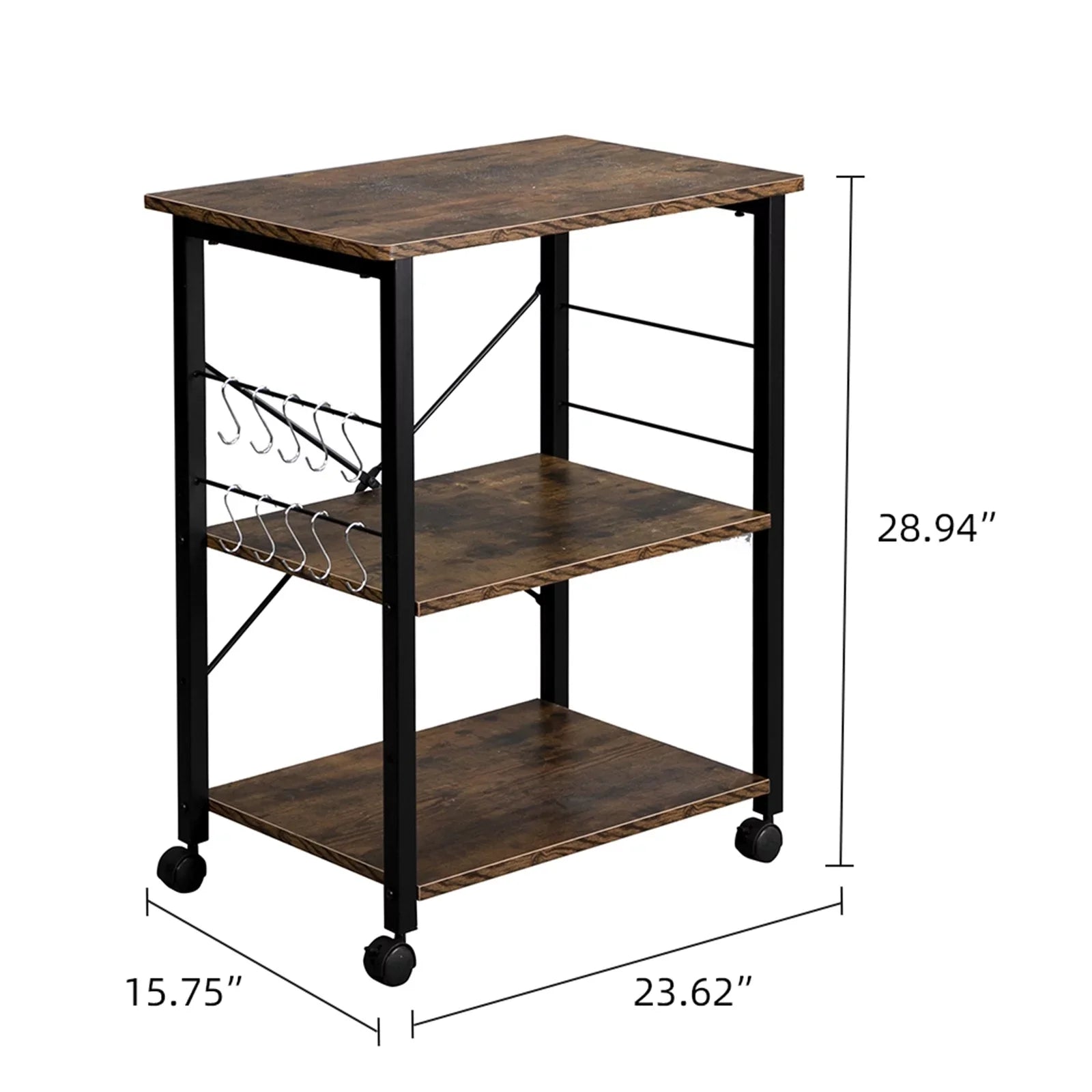 3 Tier Kitchen Microwave Cart, Microwave Stand on Wheels, Coffee Cart with Storage, Rolling Bakers Rack Workstation Shelf with 10 Hooks (24 x 16 x 29 Inches, Rustic Brown)