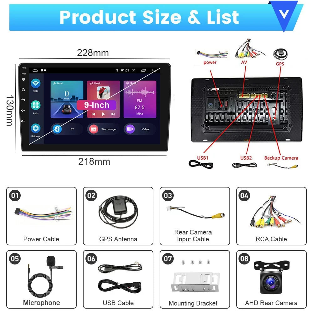Podofo 2+64G Universal 9'' Double Din Car Stereo Radio Wireless Carplay Android Auto Mirror Link Touch Screen 1080P Car Multimedia Player Bluetooth USB WIFI GPS FM, Microphone&AHD Backup Camera