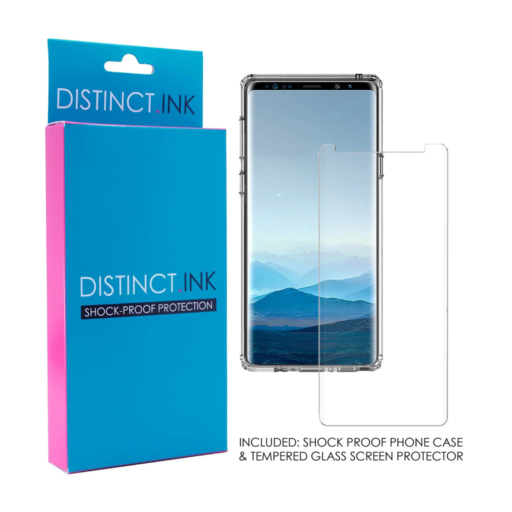 DistinctInk Clear Shockproof Hybrid Case Samsung Galaxy Note 9 - TPU Bumper, Acrylic Back, Tempered Glass Screen Protector - Faith / Hope / Love - Black & White - Christ
