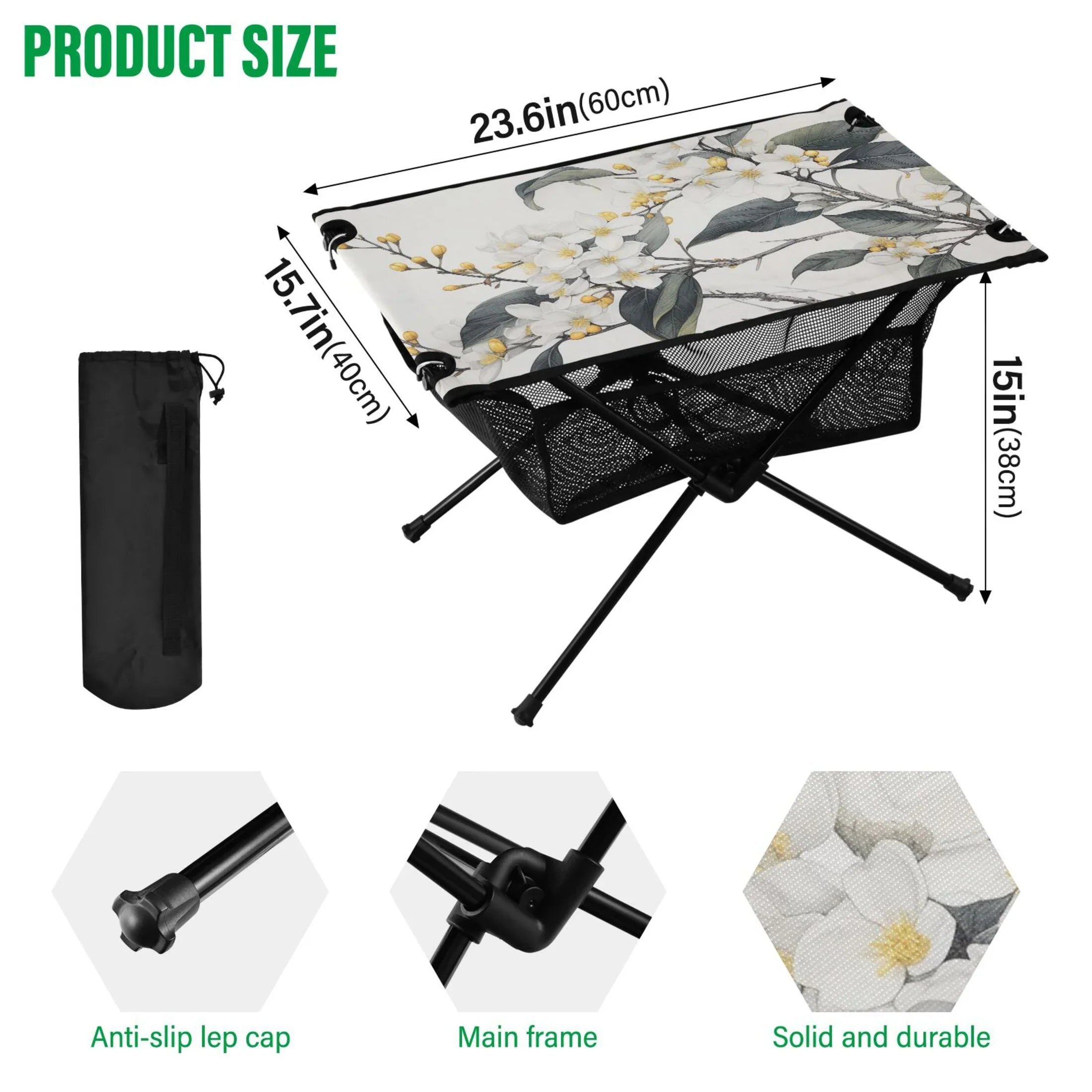 Blooming Jasmine Flowers Camping Foldable Portable Table Beach Table with Storage Bag Compact Picnic Table Outdoor Hiking Fishing BBQ