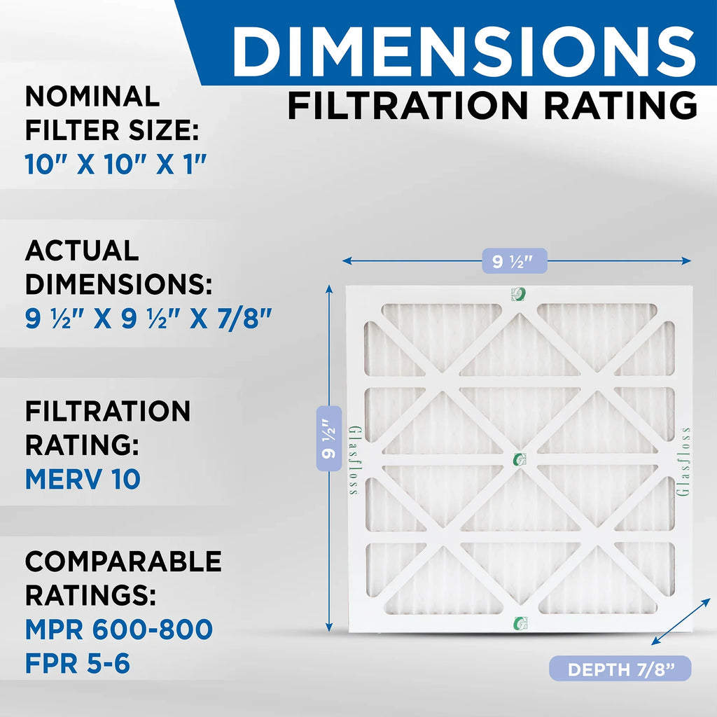 12 Pack of 10x10x1 MERV 10 Pleated Air Filters by Glasfloss. Actual Size: 9-1/2 x 9-1/2 x 7/8