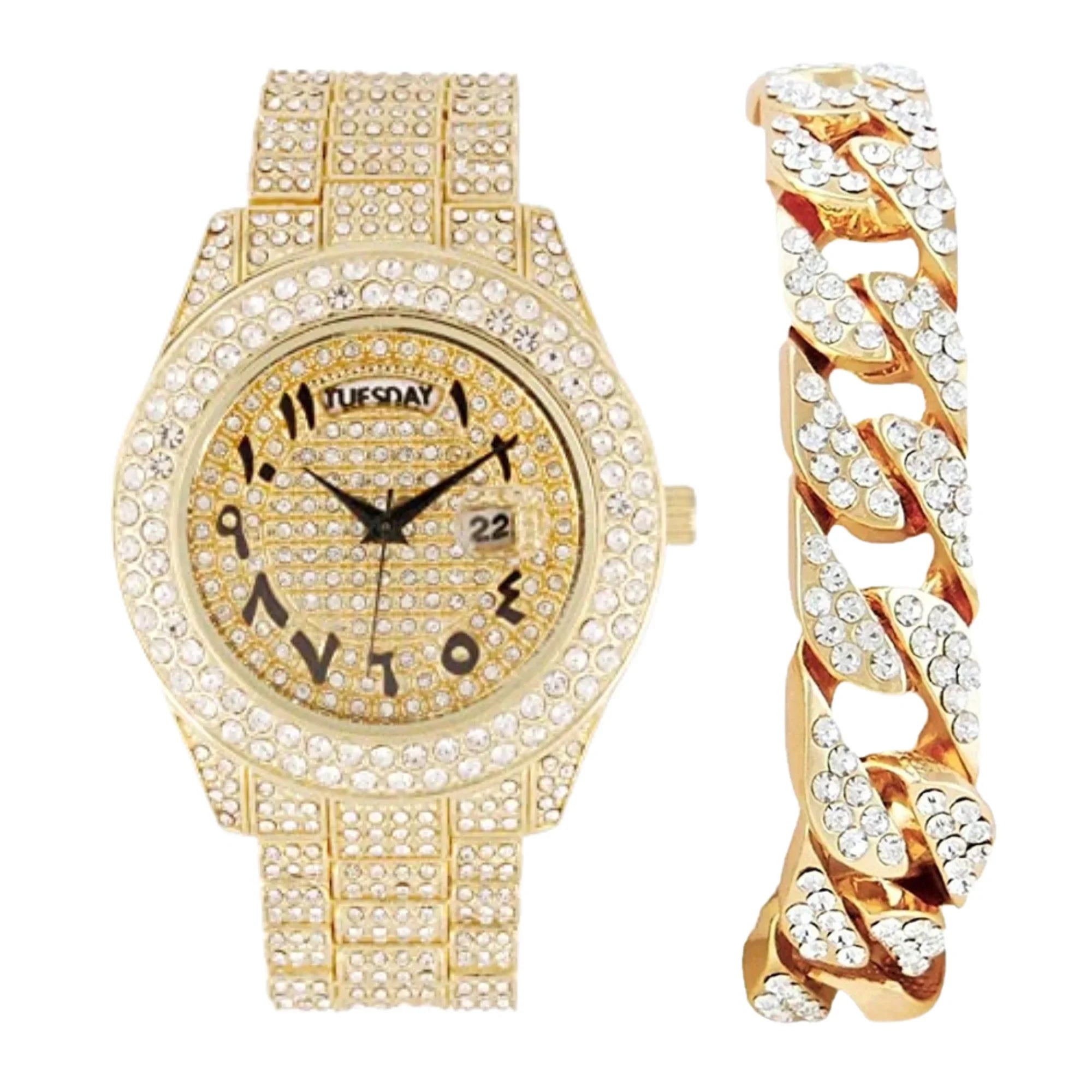 Charles Raymond Big Rocks Fully Iced Out Diamond Mens Watch w/Easy Read Date & Day - Designer Hip Hop Blinged Out Timepiece - ST10535 (ST10536-AN Gold -C)