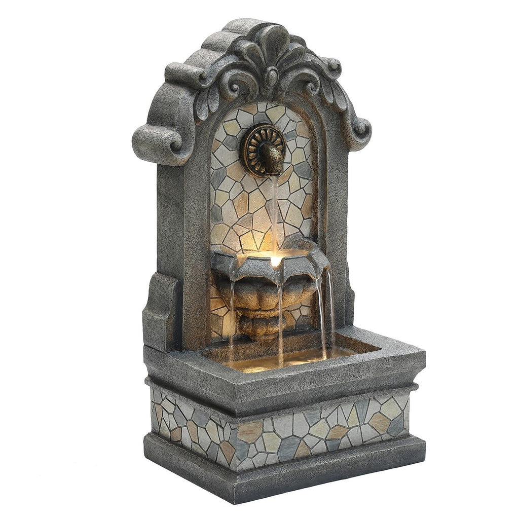 LuxenHome 27" H Gray Resin Mosaic Wall Freestanding Outdoor Water Fountain with Lights
