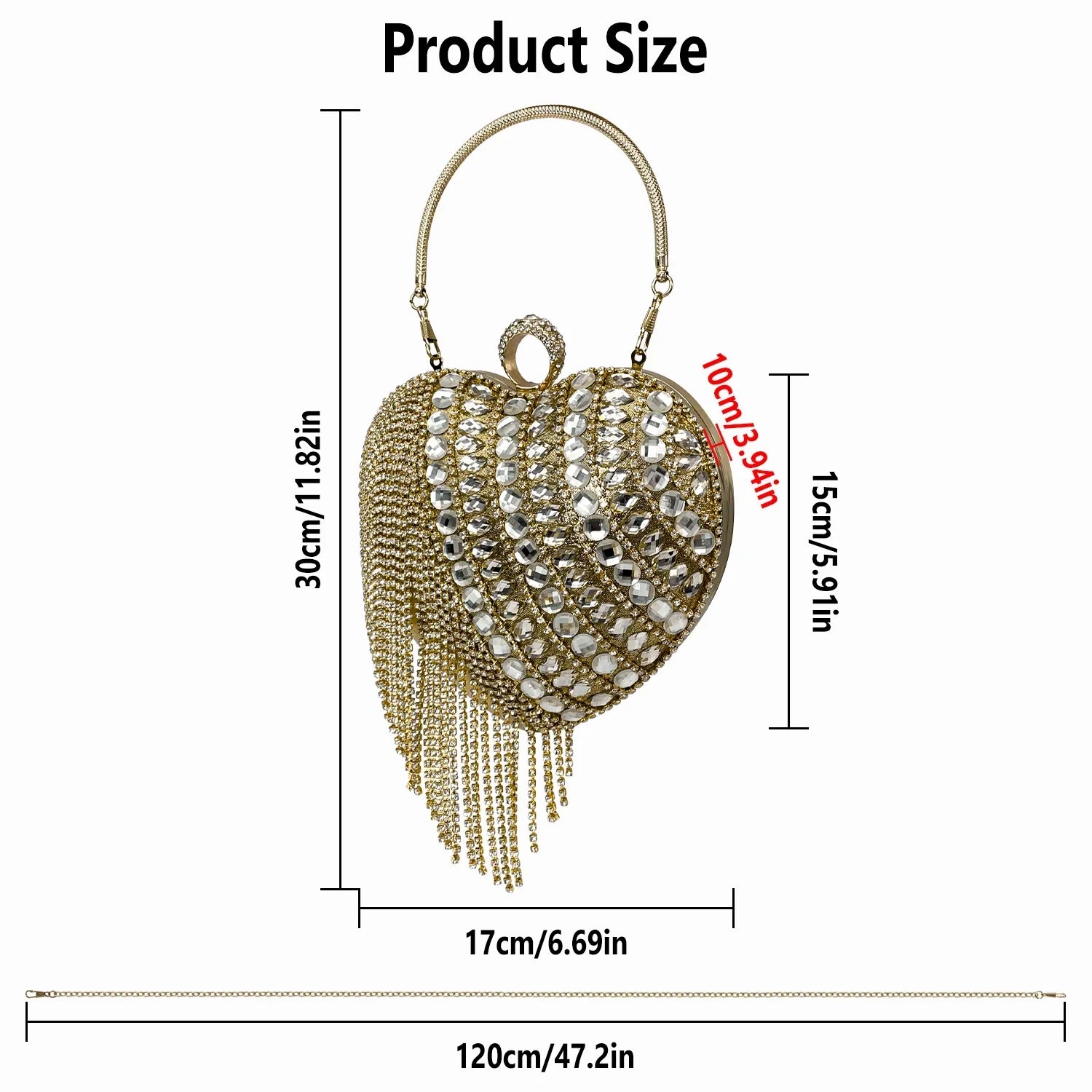 Geiomoo Heart Shape Tassel Evening Clutch Bag, Women Luxury Rhinestones Purse Handbag Wedding Party