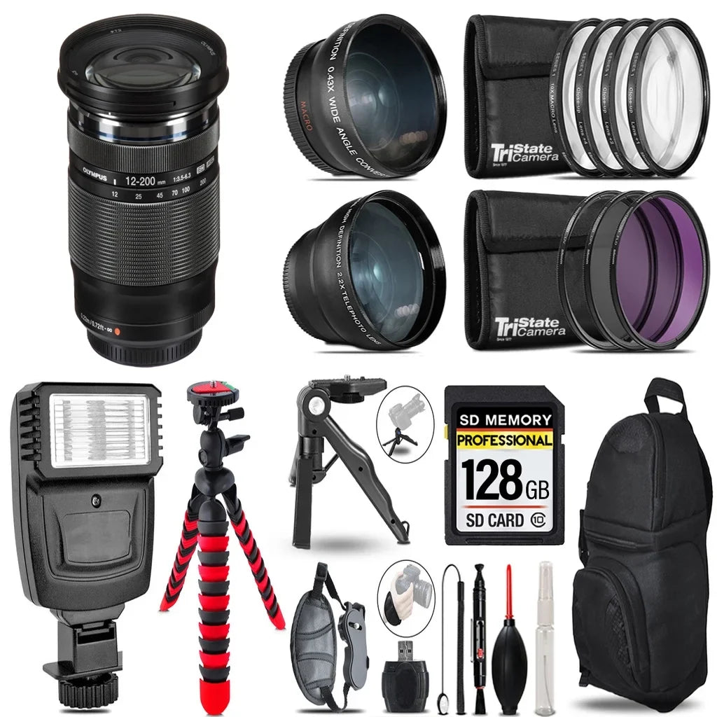 Olympus M.Zuiko Digital ED 12-200mm f/3.5-6.3 Lens +3 Lens Kit + Slave Flash + Tripod - 128GB Accessory Bundle