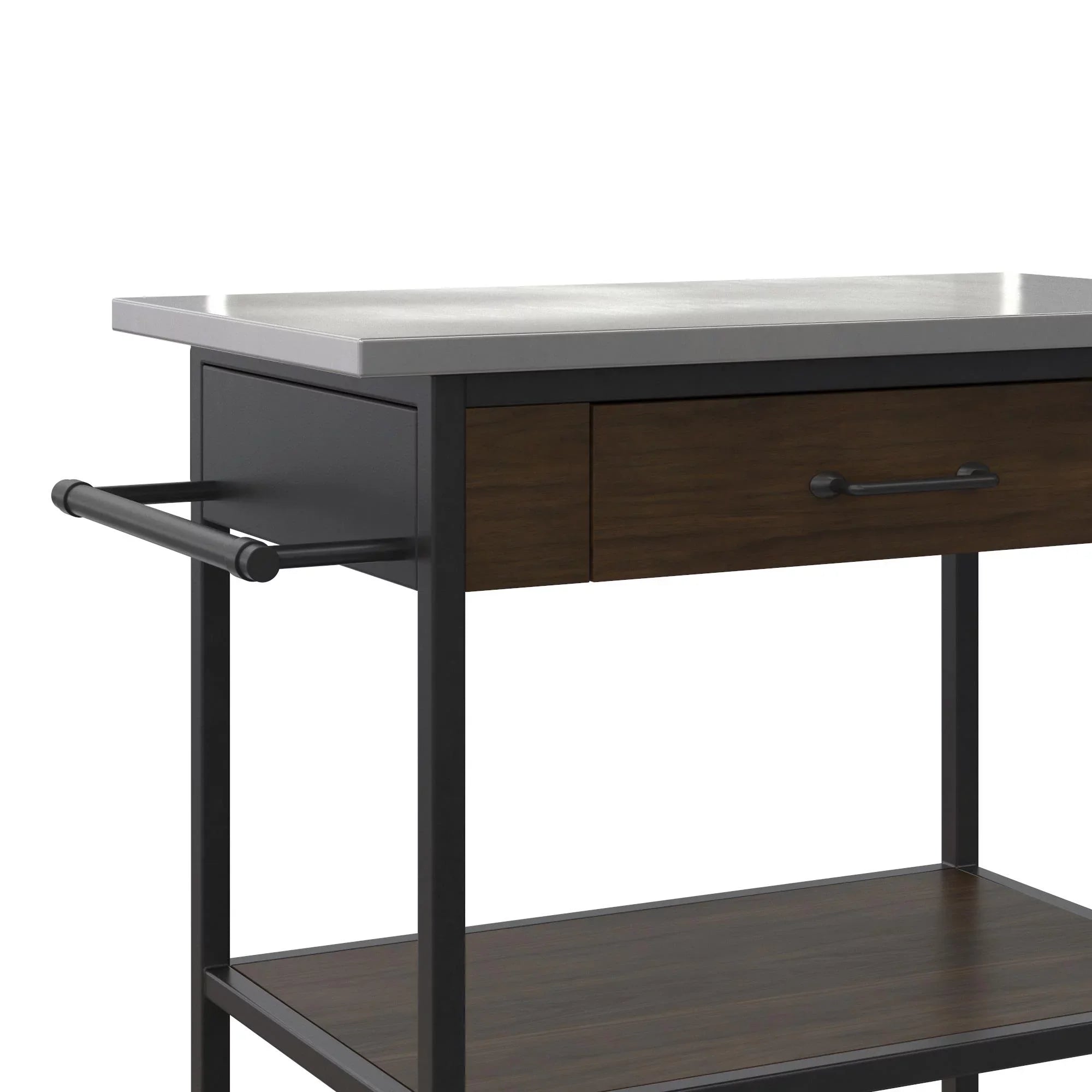 DHP Kane Kitchen Cart, Black Metal Frame, Stainless Steel Counter Top, Pantry Storage, Brown