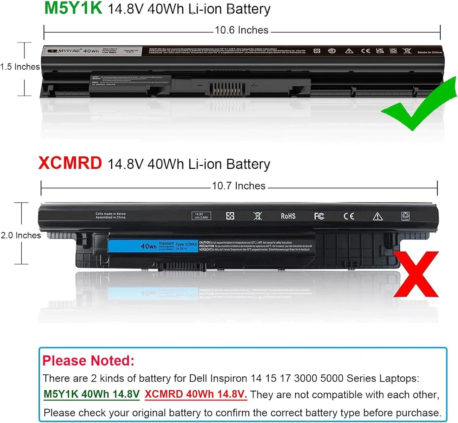 M5Y1K 14.8V 40Wh y Replacement Dell Inspiron 15 3000 5000 5558 5559 5755 5756 5758 5759 3451 5458