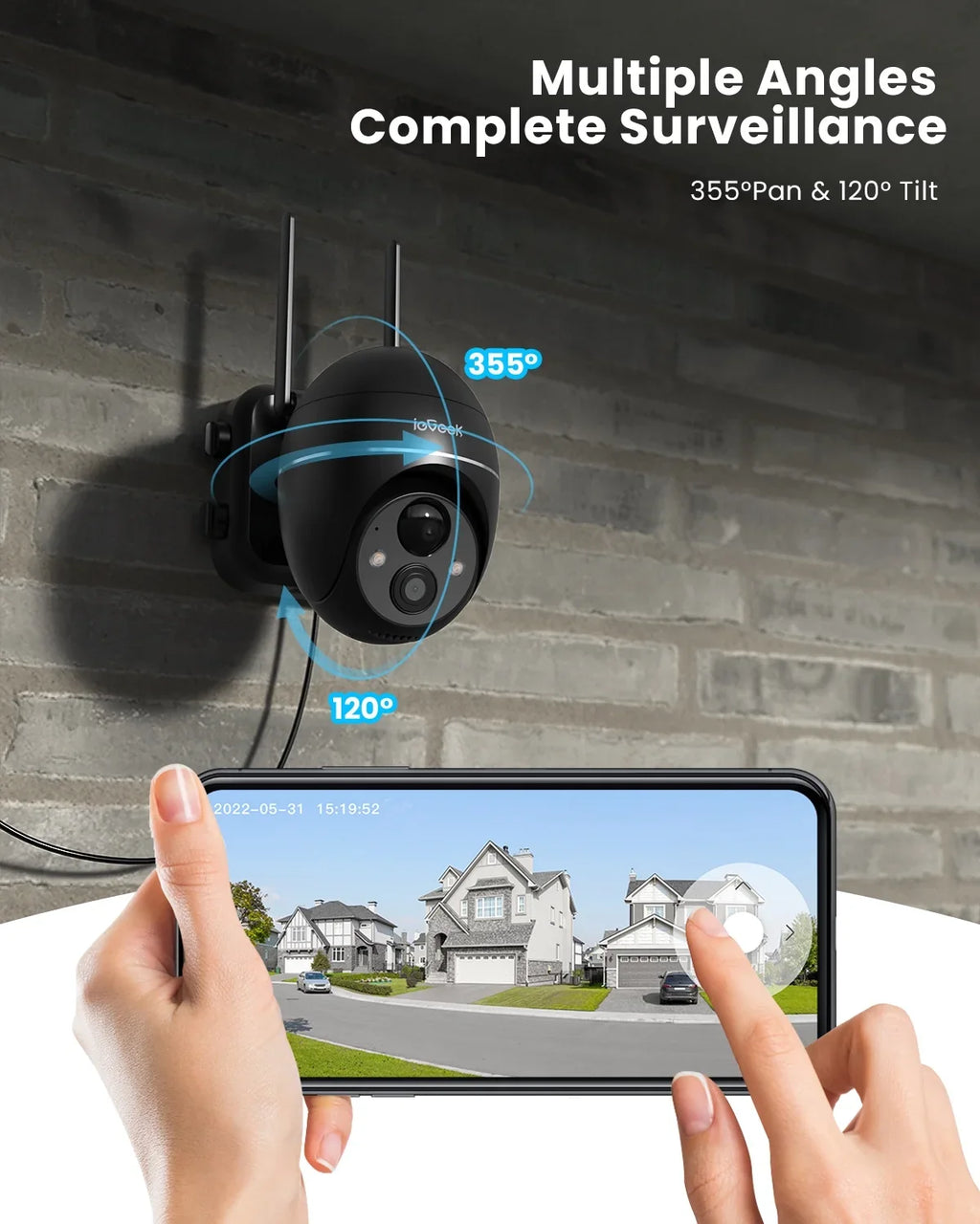 Solar Outdoor Wireless Security Camera WiFi, Spotlight & Siren, PTZ 360° View, 2K/3MP Color Night Vision, Outdoor Surveillance Camera with PIR Motion Detection, Work with Alexa