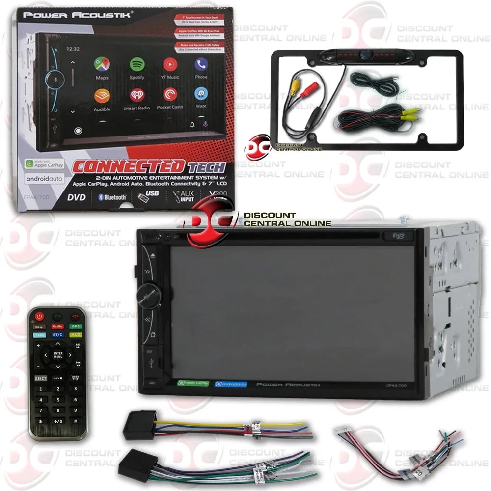 Power Acoustik CPAA-70D 2-din 7" Dvd Cd Stereo Bluetooth W/ Apple Carplay & Android Auto with DiscountCentralOnline FL09BK Full License plate Night vision Waterproof back-up camera