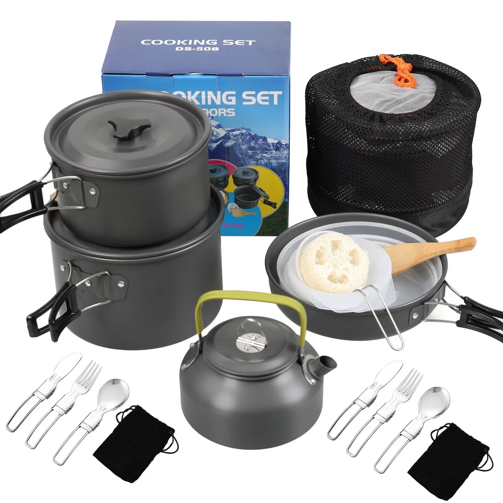 Anself Camping Cookware Mess Kit Non Stick Pot and Pan Set with Kettle Cooking and Backpacking