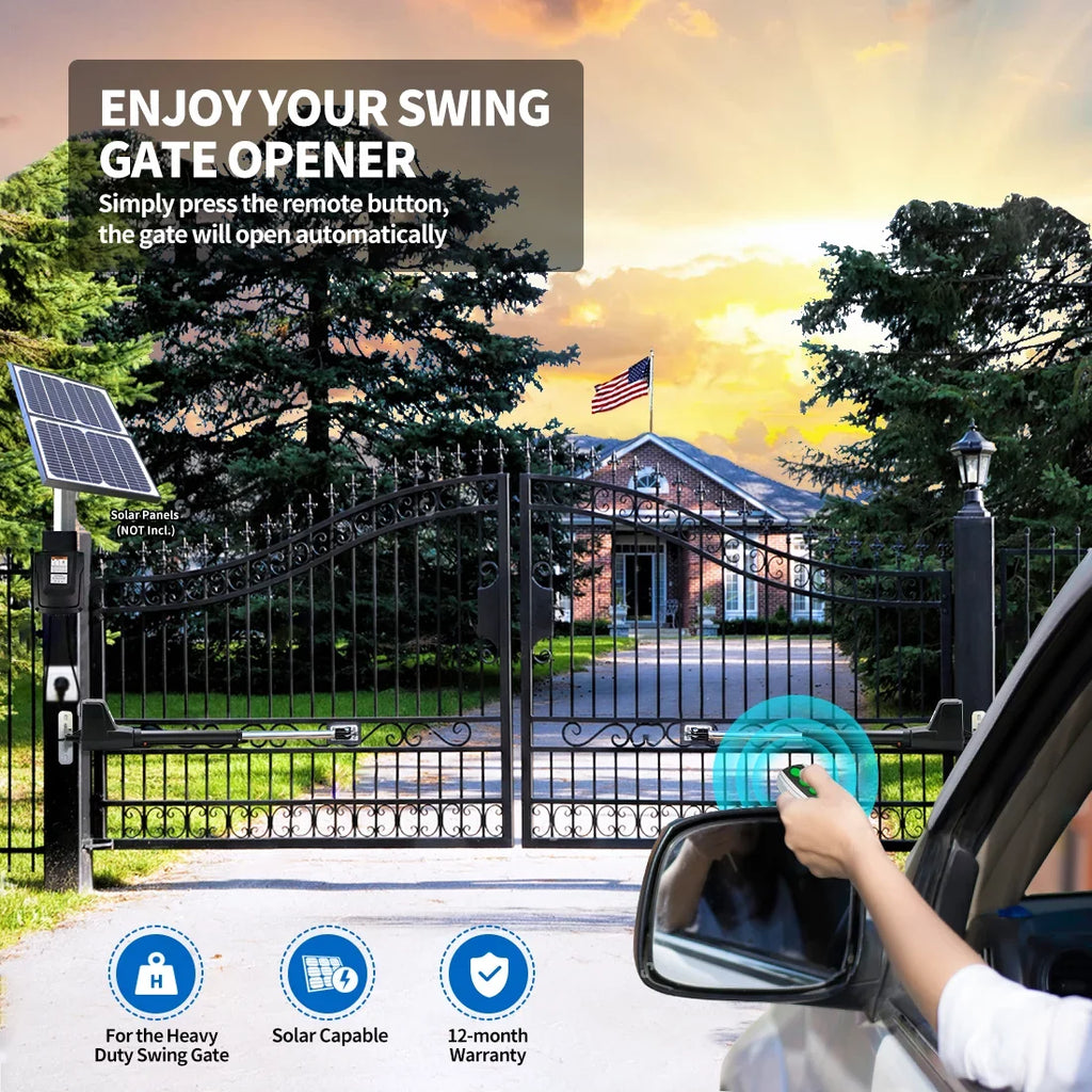 TOPENS AT1202 Dual Swing Gate Opener Heavy Duty Automatic Gate Motor Double Swing Gates Up to 18ft per Arm, Electric Driveway Gate Operator AC Powered with Remote Control Kit Solar